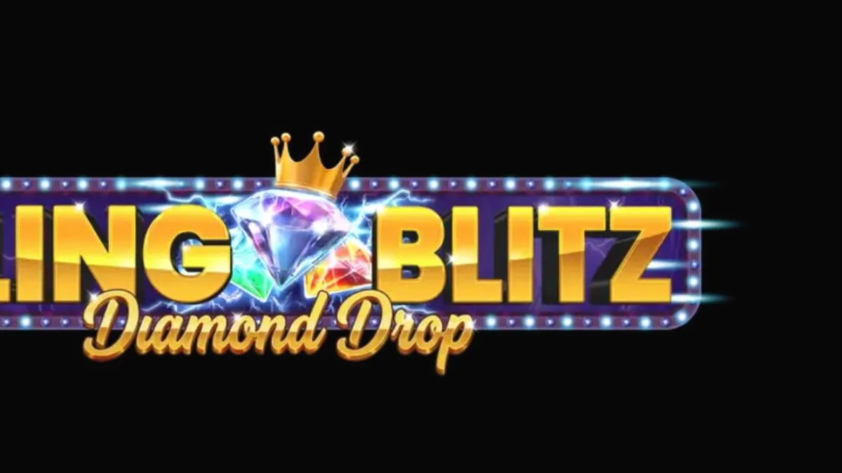 Ang kumukutitap na disenyo ng Bling Blitz Diamond Drop slot na may mga diamante at gintong reels.