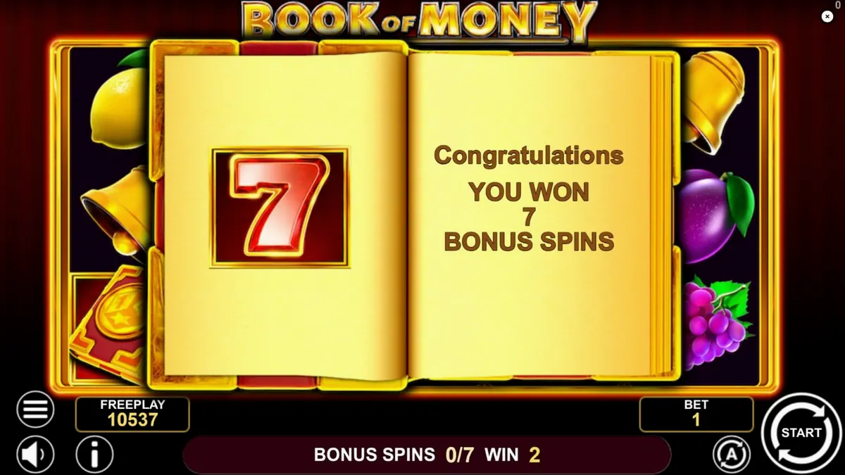 Book of Money slot game interface na may mga prutas at mahiwagang aklat