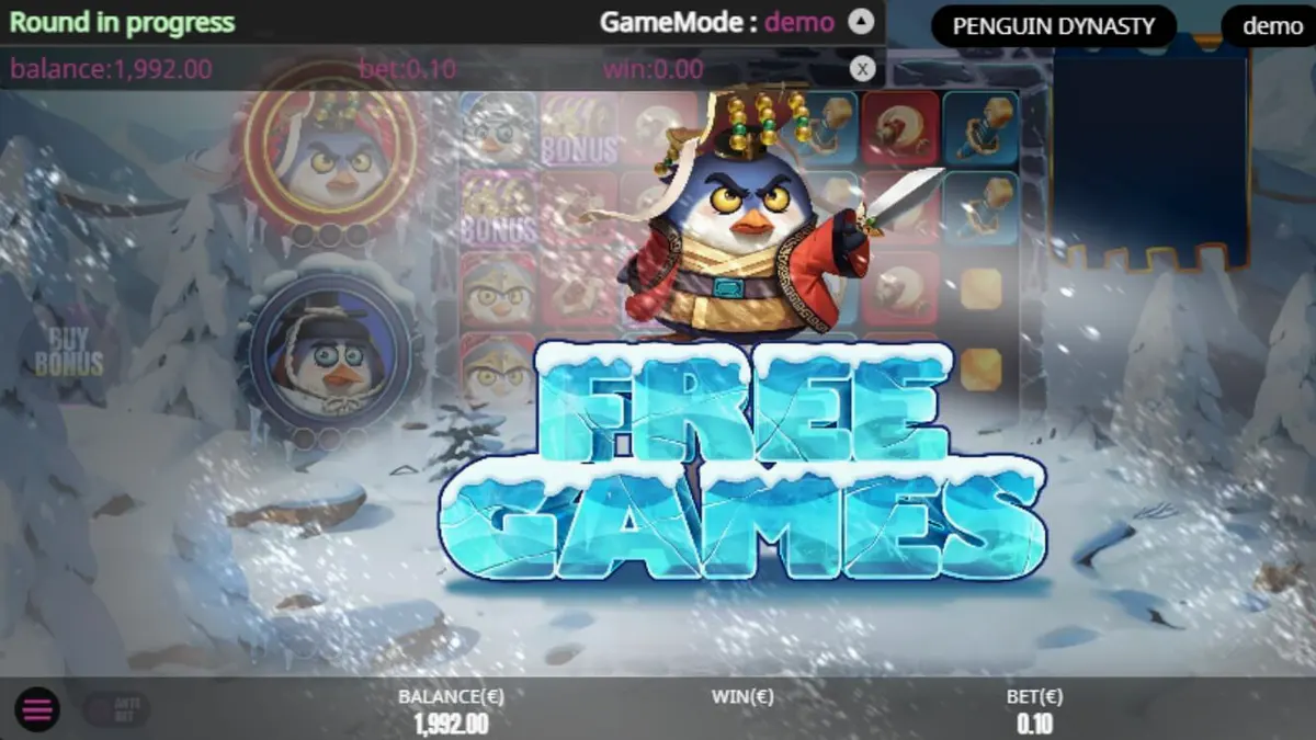 Penguin Dynasty slot game screen na may mga penguin warriors at icy palace background.